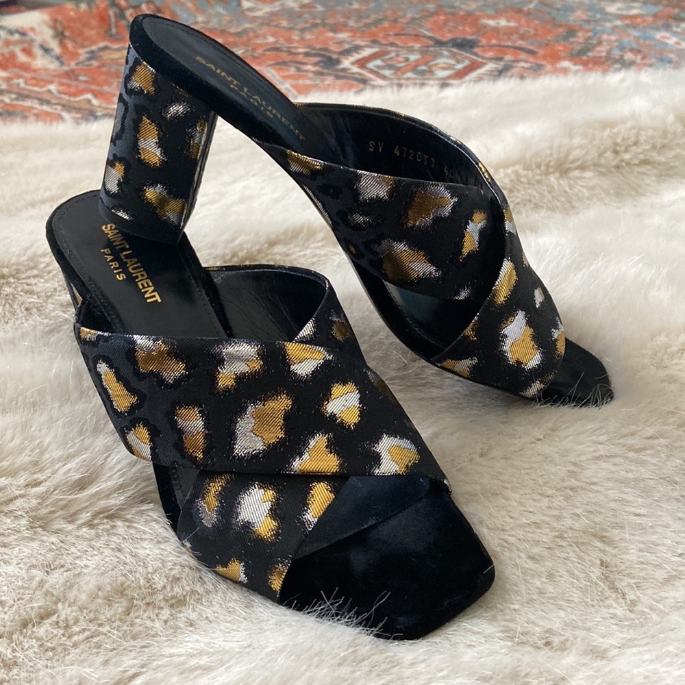 Saint Laurent Loulou Mules Sandals - Leopard Print with Gold and Black details